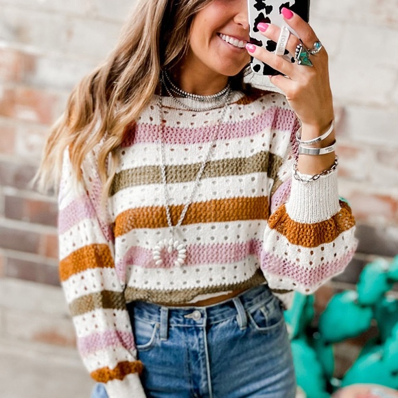 B074 Multicolor Striped Hollowed Knit Loose Sweater - Picture 3 of 3